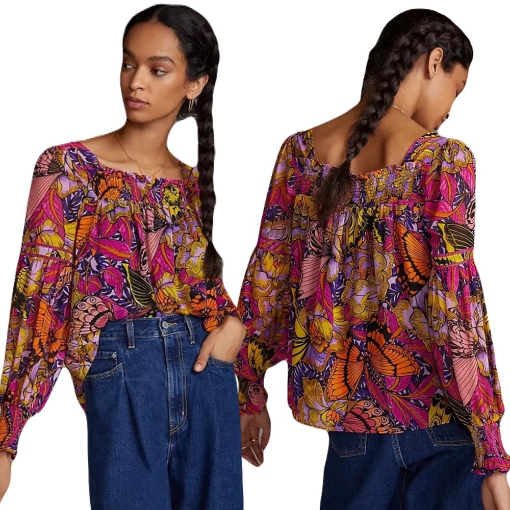 Alexandra Farmer for Anthropologie Puff Sleeved Floral Butterfly Blouse Sz LP
